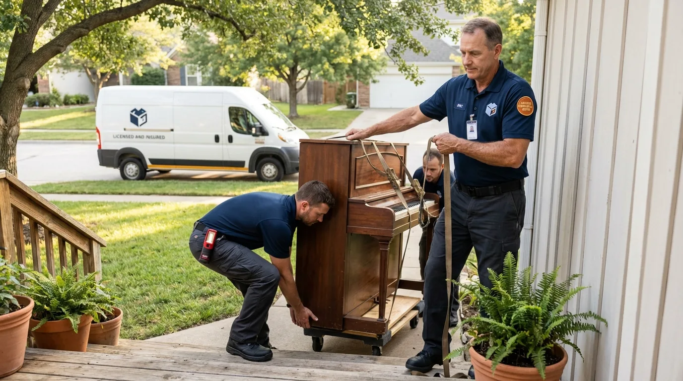 Licensed piano movers securing grand piano in Pittsfield, ME