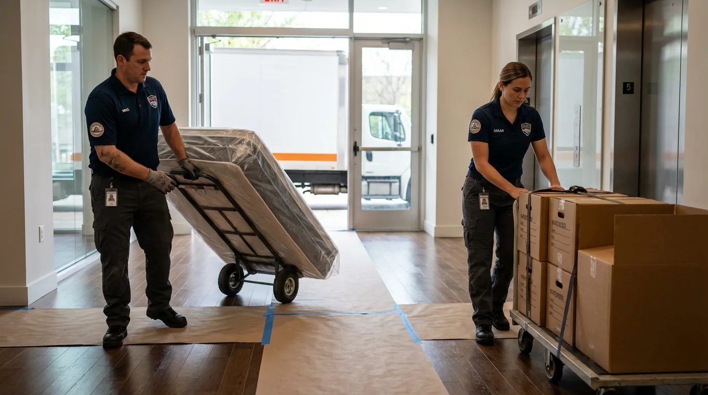 Professional apartment movers loading elevator in Pittsfield, ME